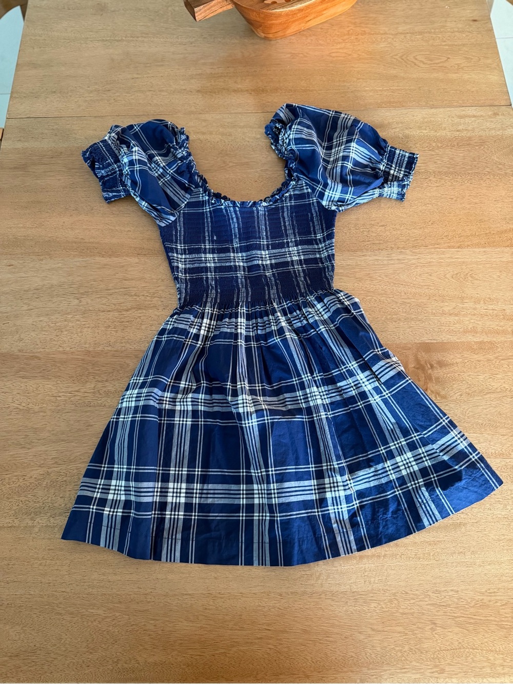 Blue Plaid Smocked Puff Sleeve Nap Dress Cottagecore Picnic Dress Size S - Picture 9 of 9